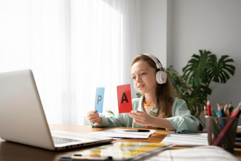 Dziewczynka ucząca się przy laptopie - korepetycje z angielskiego online dla dzieci