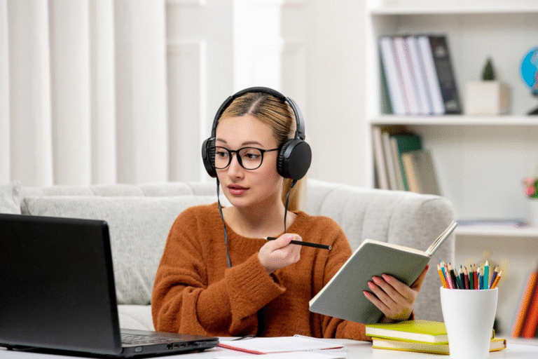 Uczennica z Żar skupiona na kursie angielskiego online i robiąca notatki